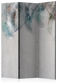 Paravento separè Piume colorate (3 pezzi) - composizione delicata su sfondo grigio
