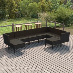 Set divani da giardino 9 pz con cuscini in polyrattan nero