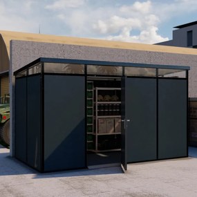 Casetta da giardino modulare coibentata 4x2mt in pvc antracite con porta battente semplice, superficie interna 7.6 m² e spessore parete 36 mm