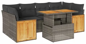 Set divani da giardino 7pz con cuscini grigio polyrattan acacia