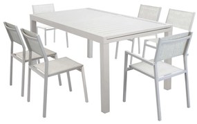 DEXTER - set tavolo in alluminio e teak cm 160/240 x 90 x 75 h con 4 sedie e 2 poltrone Aulus