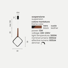 Lampada a sospensione Led REGOLI in metallo D33 cm con elemento in ecopelle SQUARE