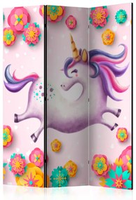 Paravento design Unicorno flessuoso - unicorno fantasy colorato con fiori