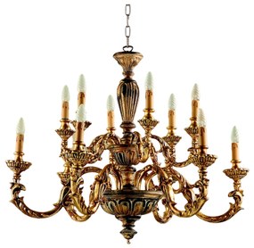 Lampadario In Legno Classico Marrone Oro Etrusco 12 Luci Piccione