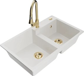 Mexen Tomas lavello da cucina in granito a 2 vasche con rubinetto Elia, bianco - 6516-20-670101-50