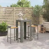 Set Bar Giardino 3pz Grigio Polyrattan e Legno Massello Acacia