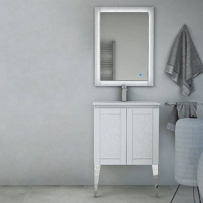 Mobile bagno bianco opaco a terra 60 cm con elegante design a rilievo con specchio led touch