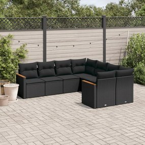 Set divani da giardino con cuscini 8 pz nero in polyrattan