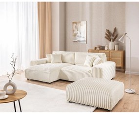 Divano angolare con penisola a sinistra color crema e rivestimento in velluto a coste allungabile e con contenitore Sarina – Ropez