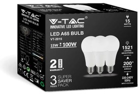 V-Tac Set 3 Lampadine LED E27 15W A65 6500K Luce Fredda