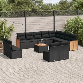 Set divani da giardino 13pz con cuscini nero in polyrattan