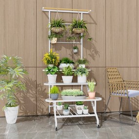 Costway Fioriera a scala a 4 livelli per piante con barra e traliccio struttura in metallo ruote, Scaffale porta piante 80x85x175cm
