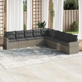 Set divano da giardino 9 pz con cuscini grigio in polyrattan