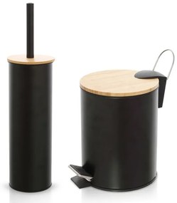 Set accessori bagno scopino e pattumiera nero in acciaio e bambù Haiti