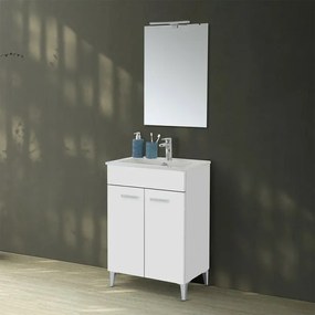 Mobile bagno a terra 60 cm bianco lucido con 2 ante lavabo e specchio Martha