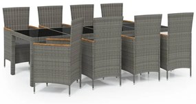 Set da pranzo da esterno 9 pz con cuscini in polyrattan grigio