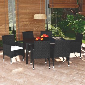 Set da pranzo per giardino 7 pz con cuscini polyrattan nero