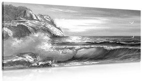 Quadro su tela – Onde marine sulla costa in bianco e nero