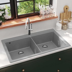 Lavandino Cucina Granito Grigio Lavello Doppio Con Montaggio Sopra /