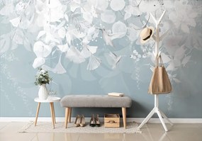 Carta da parati – Foglie con Colibrì in Blu-Grigio