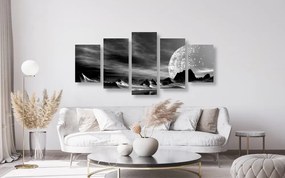Quadri 5 pezzi – Pianeta futuristico in bianco e nero