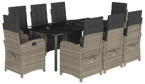 Set da pranzo da giardino 9 pz con cuscini in polyrattan grigio