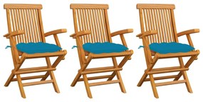 Sedie da giardino con cuscini azzurro 3 pz in massello di teak