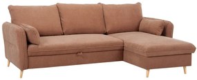 Divano letto angolare reversibile con contenitore 3-4 posti in tessuto color terracotta e legno chiaro DRISS