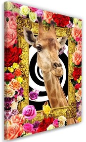 Quadro su tela, Giraffa fiori colorati