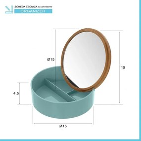 Porta trucchi da bagno tondo in plastica turchese e bambù completo di specchio
