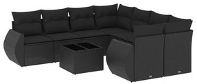 Set Divani da Giardino 9 pz con Cuscini Nero in Polyrattan