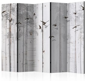 Paravento design Uccelli su tavole II (5 pannelli) - animali su legno grigio