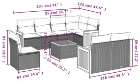 Set divani da giardino 9 pz con cuscini nero in polyrattan