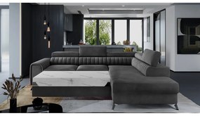 Divano angolare grigio scuro allungabile/con contenitore (con penisola a destra/a L) e rivestimento in velluto Laurence – ELTAP