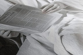 Stampa su tela – Toro bianco con giornali in bagno
