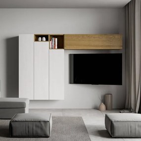 Parete attrezzata Isoka A22 L.274 H.174 P.39,5 Bianco e Quercia