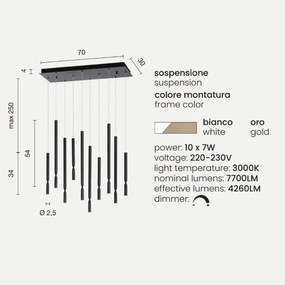 Lampada a sospensione LED a 10 Luci in metallo 70 cm verniciato Bianco e Oro TUBIC