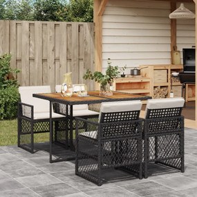 Set da pranzo da giardino 5 pz nero con cuscini in polyrattan