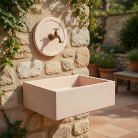 Lavello Rettangolare da Esterno 45x35 cm con Rosone Installazione a Muro in Cemento Madrid Rosa Antico...