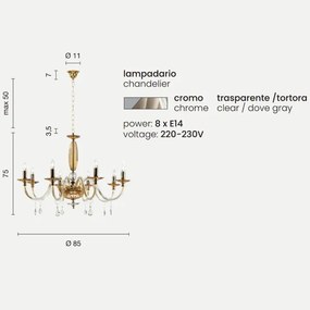 Lampadario a sospensione CECILIA in cristallo 8 luci D85 cm TORTORA