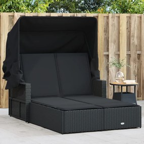 Lettino Prendisole Doppio Baldacchino E Cuscini Nero Polyrattan /