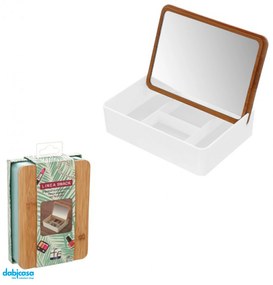 Organizer Porta Cosmetici "Smack"In Plastica Con Coperchio In Bamboo e Specchio Incluso Bianco