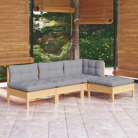 Set divani da giardino 4 pz con cuscini grigi massello di pino
