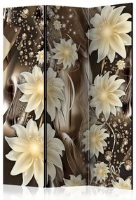 Paravento Profondità marrone - fiori bianchi su sfondo di onde astratte marroni