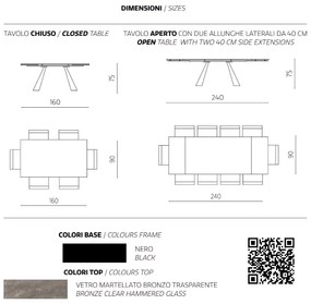 Tavolo allungabile 240 cm WATERS base in metallo Nero e piano in vetro Bronzo