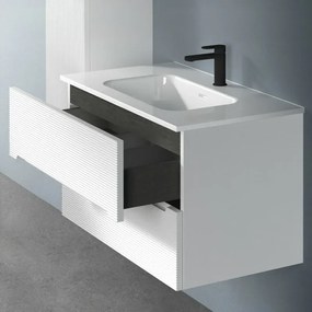 Mobile bagno sospeso 80 bianco cannettato 2 cassetti lavabo e specchio Rigo