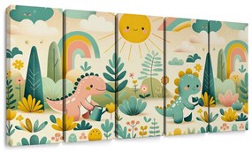 Quadri 5 pezzi – Dinosauri allegri in paesaggio arcobaleno