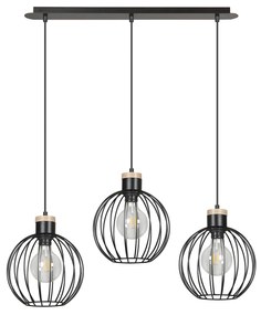 Lampadario 3 Luci Morgana Paralumi A Gabbia In Acciaio Nero E Legno Naturale