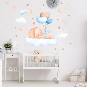 Adesivi murali tessili - Coniglietto volante su una nuvola - Blu con palloncini | Inspio