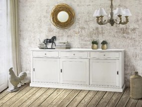 Credenza in legno di pioppo bianco con 3 porte e 3 cassetti